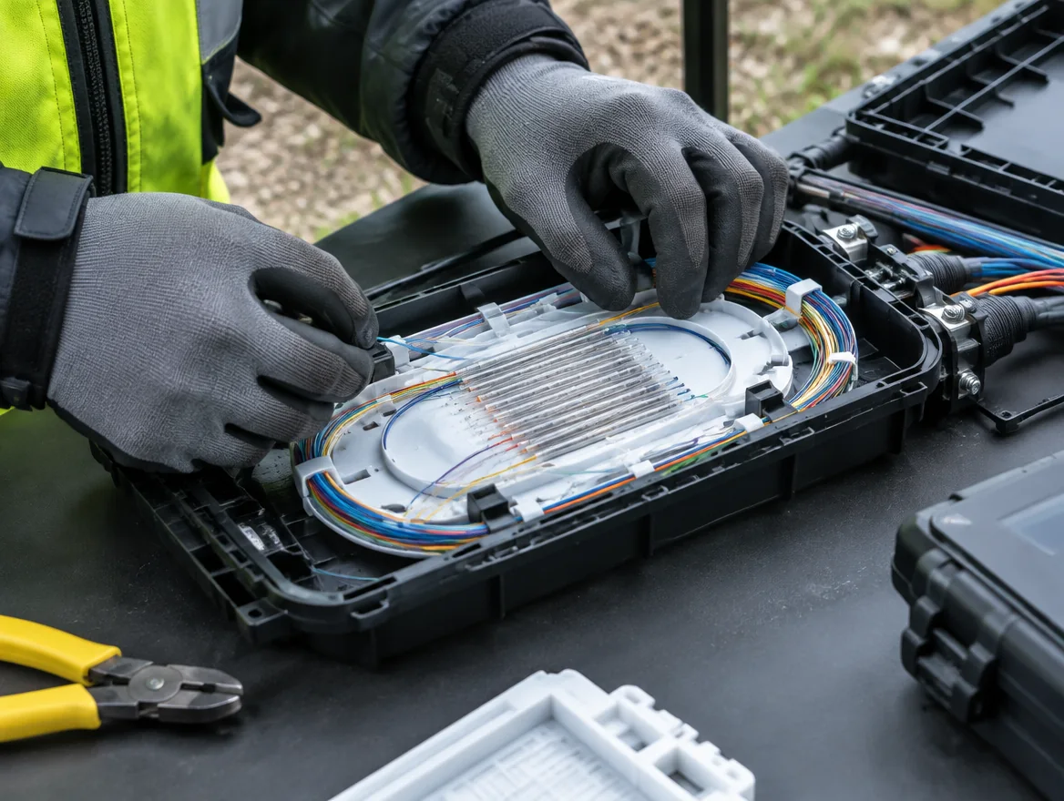 Illustration de mains gantées rangeant des fibres de couleur dans une cassette d'épissurage