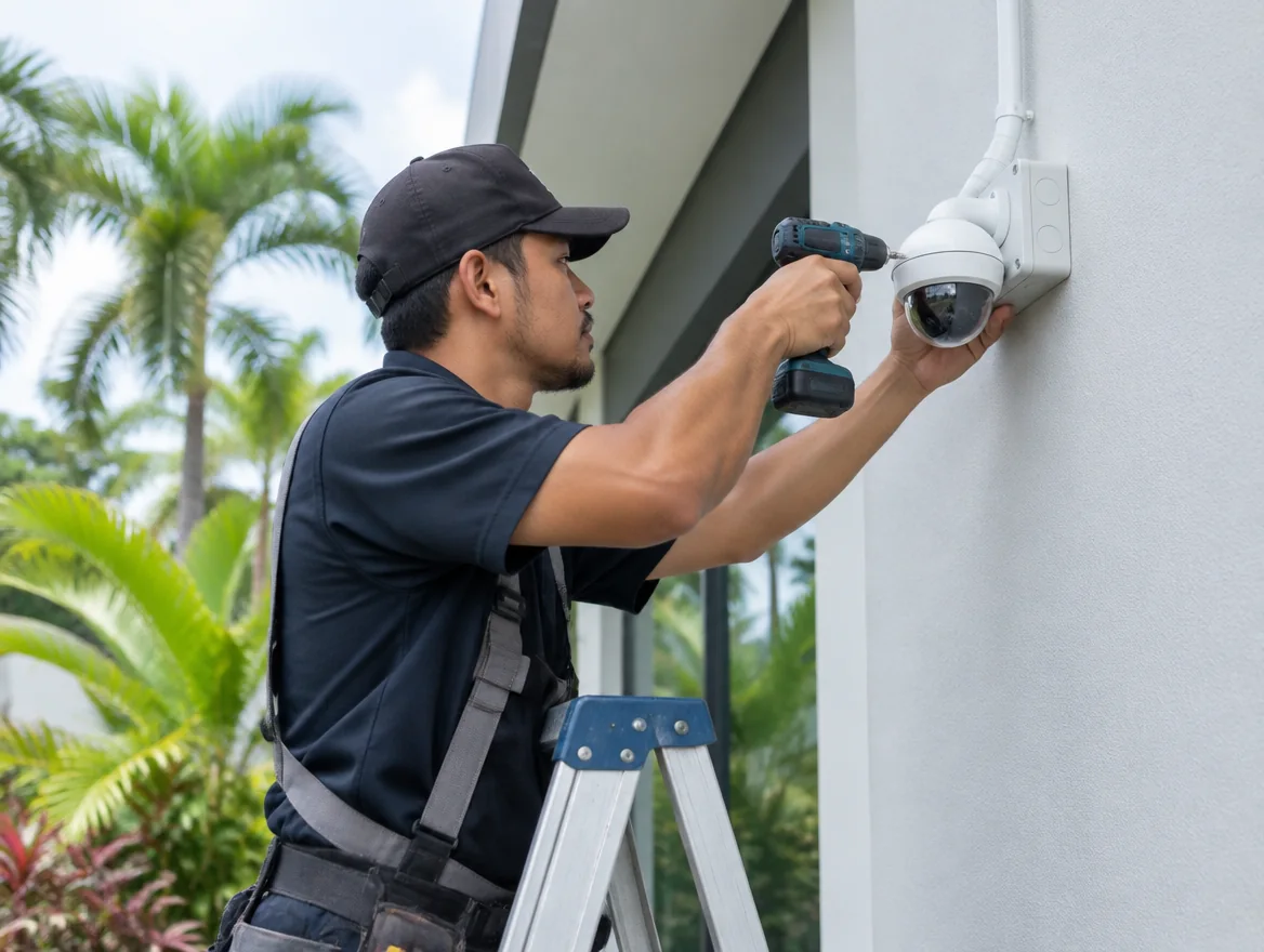 Illustration d'un installateur fixant une caméra dôme sur un mur extérieur depuis un escabeau