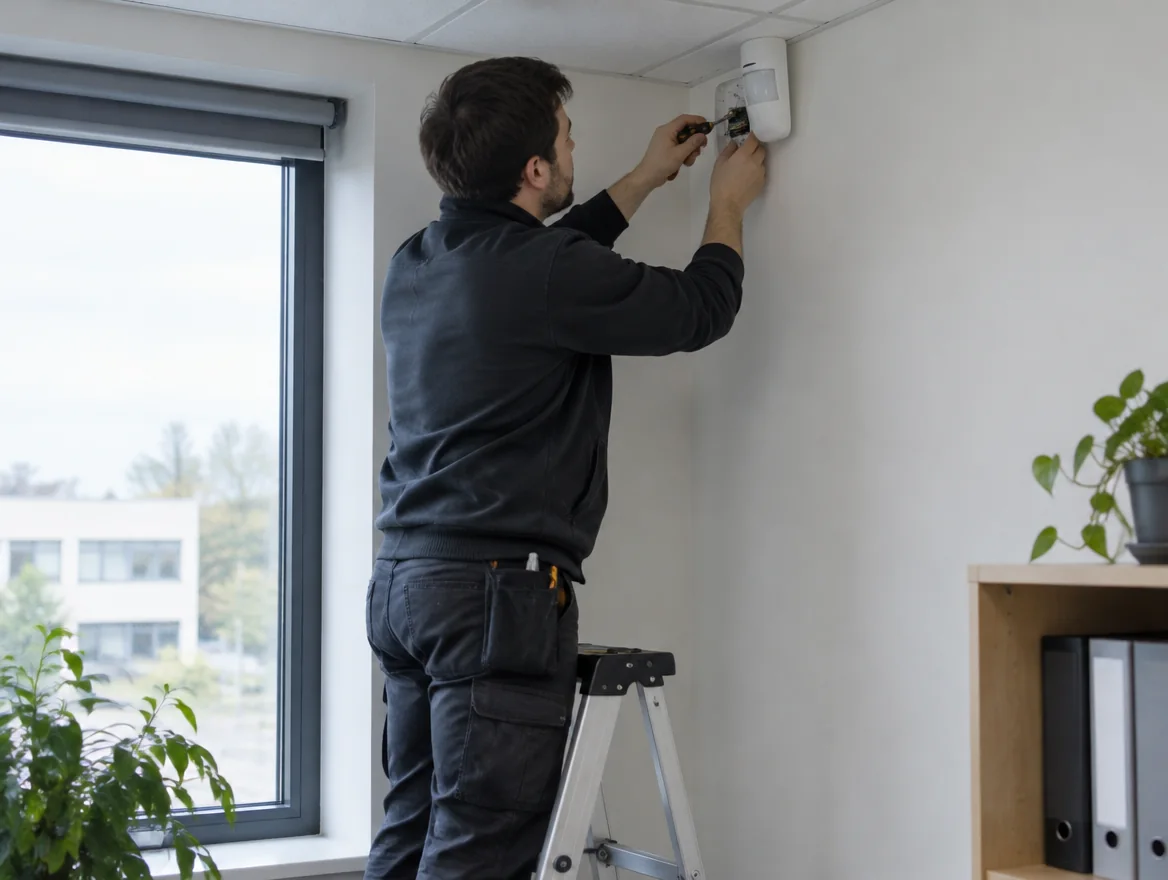 Illustration d'un technicien fixant un détecteur de mouvement dans l'angle d'un bureau, depuis un escabeau